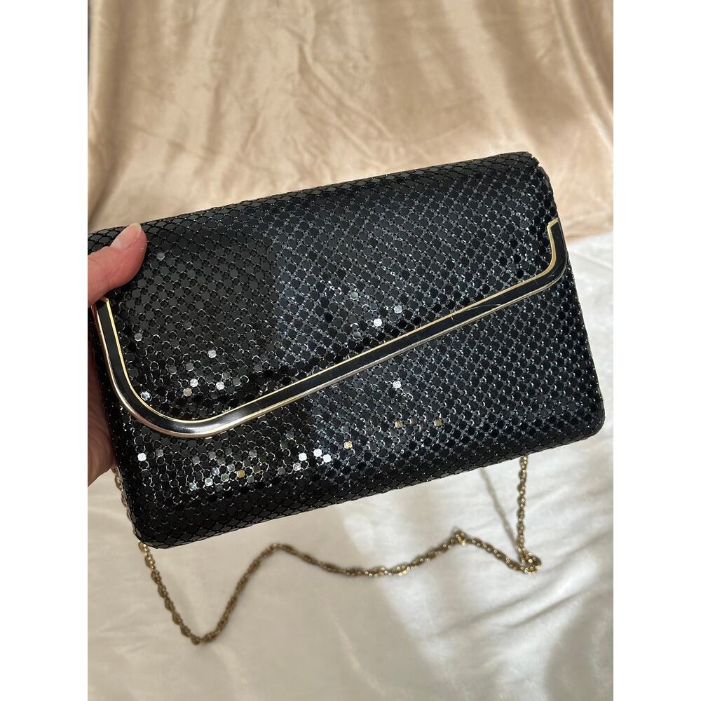 Vintage Black Metal Mesh Chainmail Evening Clutch Glam Purse Handbag Shoulderbag - Picture 3 of 9